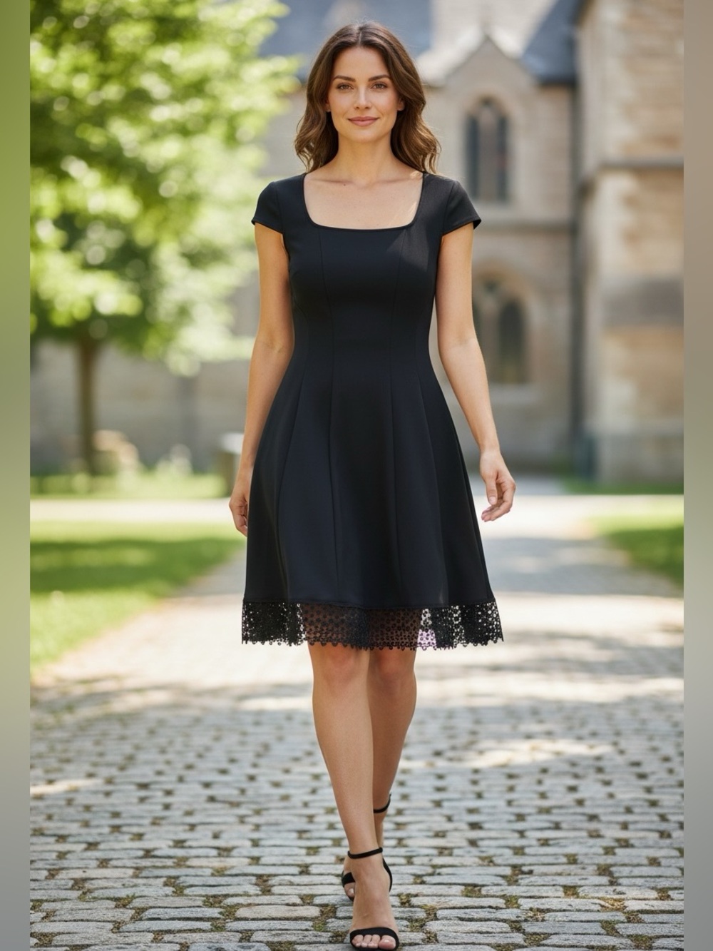 Donna Ricco fit & flare black dress w/polka dot lace hem square neckline Size 6